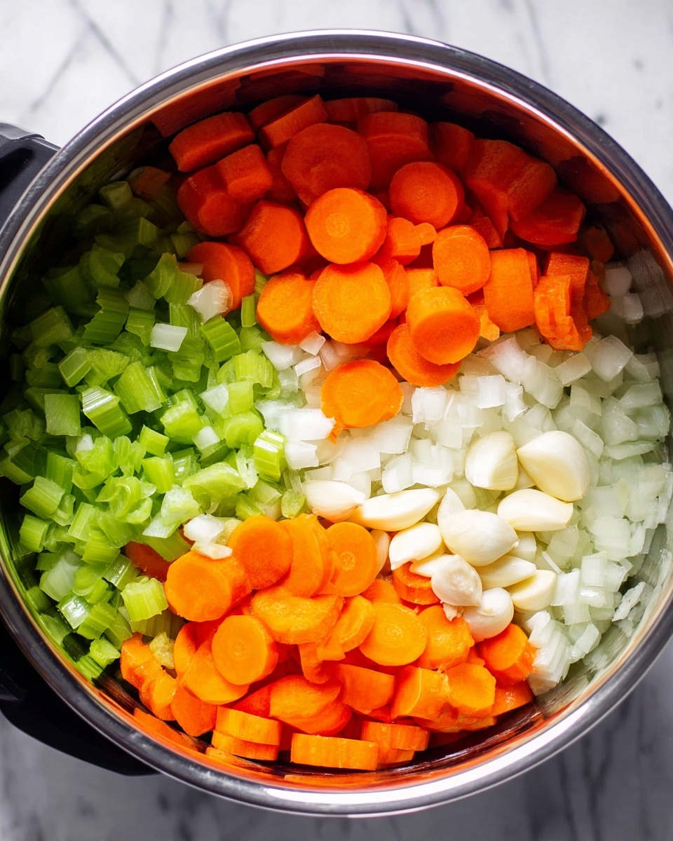 Inside a shiny metal pot, there are four layers of vegetables. The bottom layer is chopped green celery, bright and fresh. Above it is a layer of finely chopped white onions, soft and small pieces. On the right side, next to the onions, some whole garlic cloves are placed, smooth and creamy in color. The top layer is made of thick, bright orange carrot slices that cover most of the other layers. The pot sits on a surface with a white marbled texture. Photo taken with an iphone --ar 4:5 --v 7