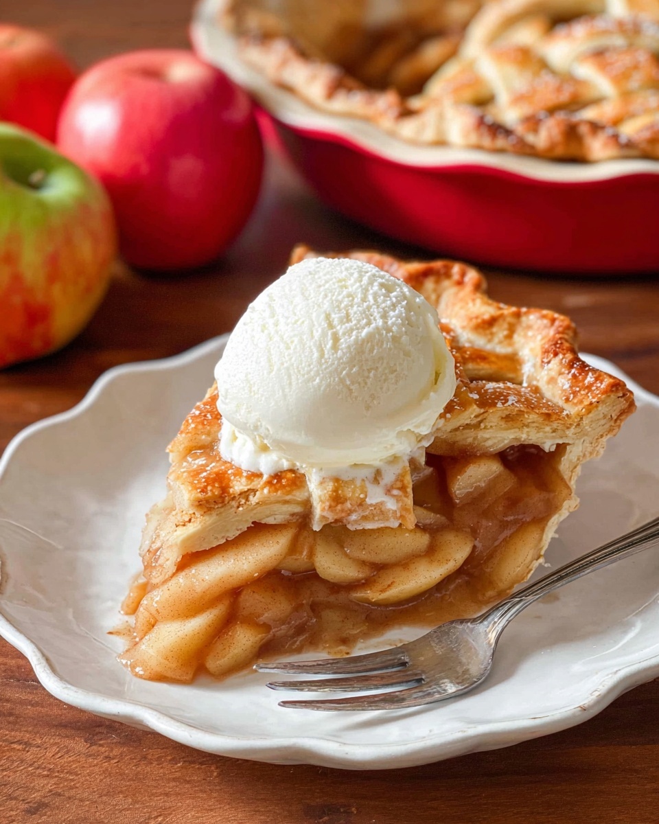 A slice of apple pie with three visible layers sits on a white scalloped plate on a wooden surface: the bottom golden crust forms the base, above it is a thick layer of soft, light brown apple slices coated in a cinnamon-spiced sauce, and the top layer is a lattice crust that is golden brown with slightly darker edges. On top of the pie slice, there is a round scoop of white vanilla ice cream with a smooth texture. A silver fork rests on the right side of the plate. In the background, a red pie dish filled with more apple pie is partially visible alongside two apples, all on a white marbled texture. Photo taken with an iphone --ar 4:5 --v 7
