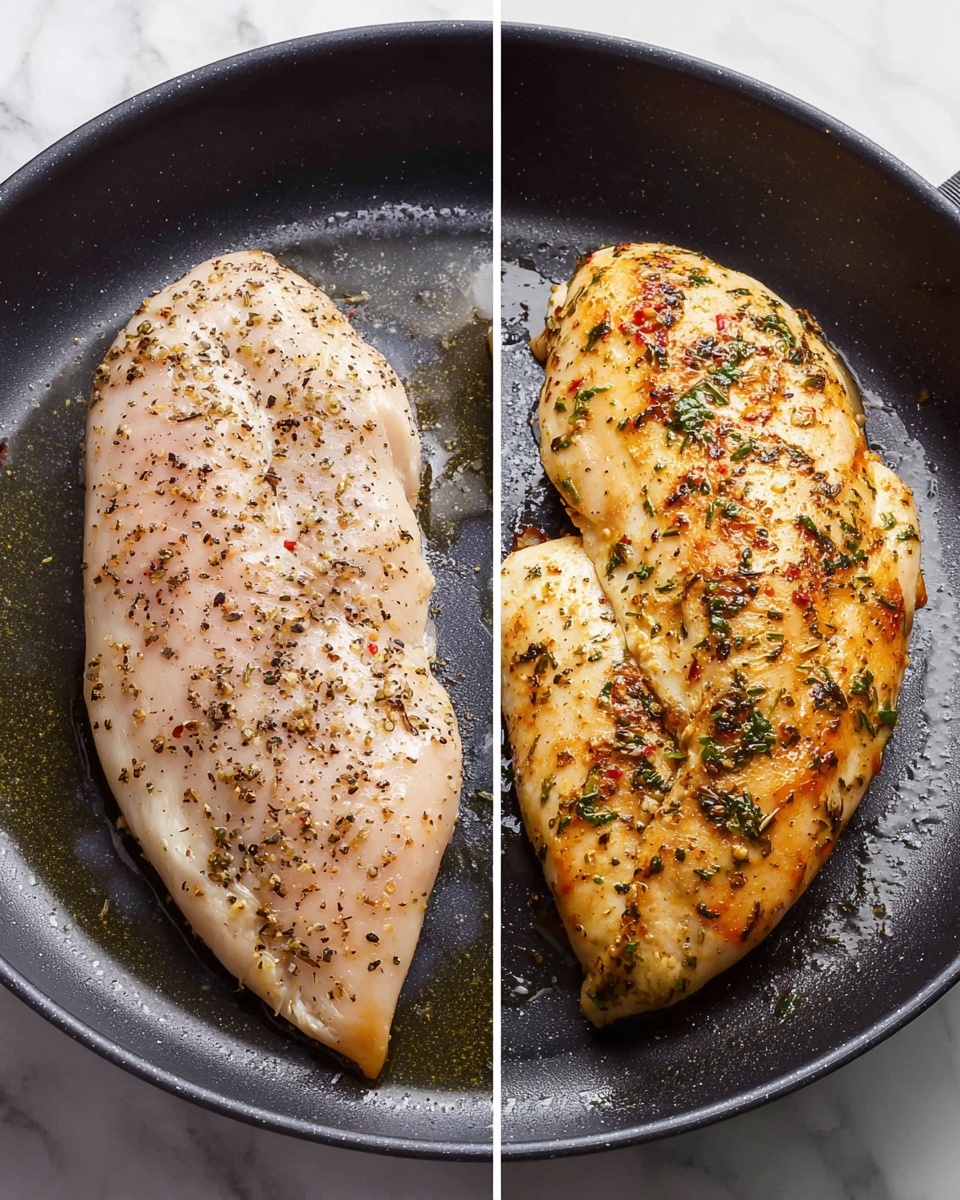 The image shows two chicken fillets cooking in a black pan. On the left side, the fillets are raw with a pale pink color, sprinkled with black pepper and herbs, and glistening with a thin layer of oil. On the right side, the same fillets are fully cooked to a light golden brown with darker specks of herbs and seasoning visible on the surface, showing a slight crisp texture. The pan has a small amount of oil around the fillets that reflects light. The background surface is a white marbled texture. photo taken with an iphone --ar 4:5 --v 7