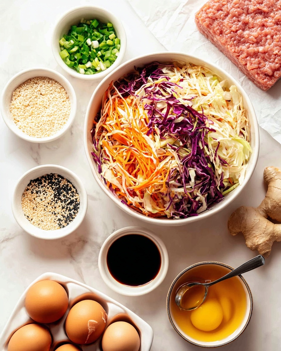 The image shows a white round bowl filled with shredded cabbage mixed with thin strips of orange carrots and some purple cabbage on top, forming a colorful vegetable mix. Surrounding the bowl are several small white dishes: one with chopped green onions, one with a mixture of black and white sesame seeds, one with a dark soy sauce, one with a darker reddish sauce, and one with a golden oily liquid with a spoon resting in it. There is also a small white bowl with three brown eggs inside, a round dish holding garlic cloves and fresh ginger pieces, and a block of light pink ground meat resting on white parchment paper on the white marbled surface. A cracked egg shell with the yolk visible is also present near the top edge photo taken with an iphone --ar 4:5 --v 7