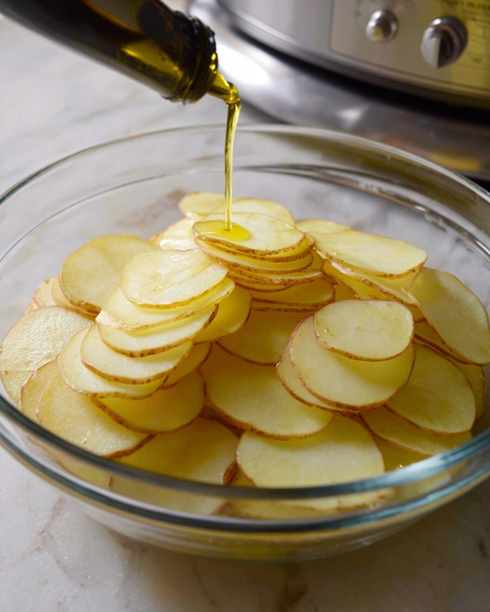 A clear glass bowl is filled with many thin, round slices of raw potatoes stacked loosely on top of each other, showing their pale yellow color with slight brown edges from the skin. A stream of golden olive oil is being poured onto the potato slices from above, creating a shiny wet spot that contrasts with the matte texture of the dry slices beneath. The background shows a white marbled surface with a metallic kitchen appliance partially visible. photo taken with an iphone --ar 4:5 --v 7