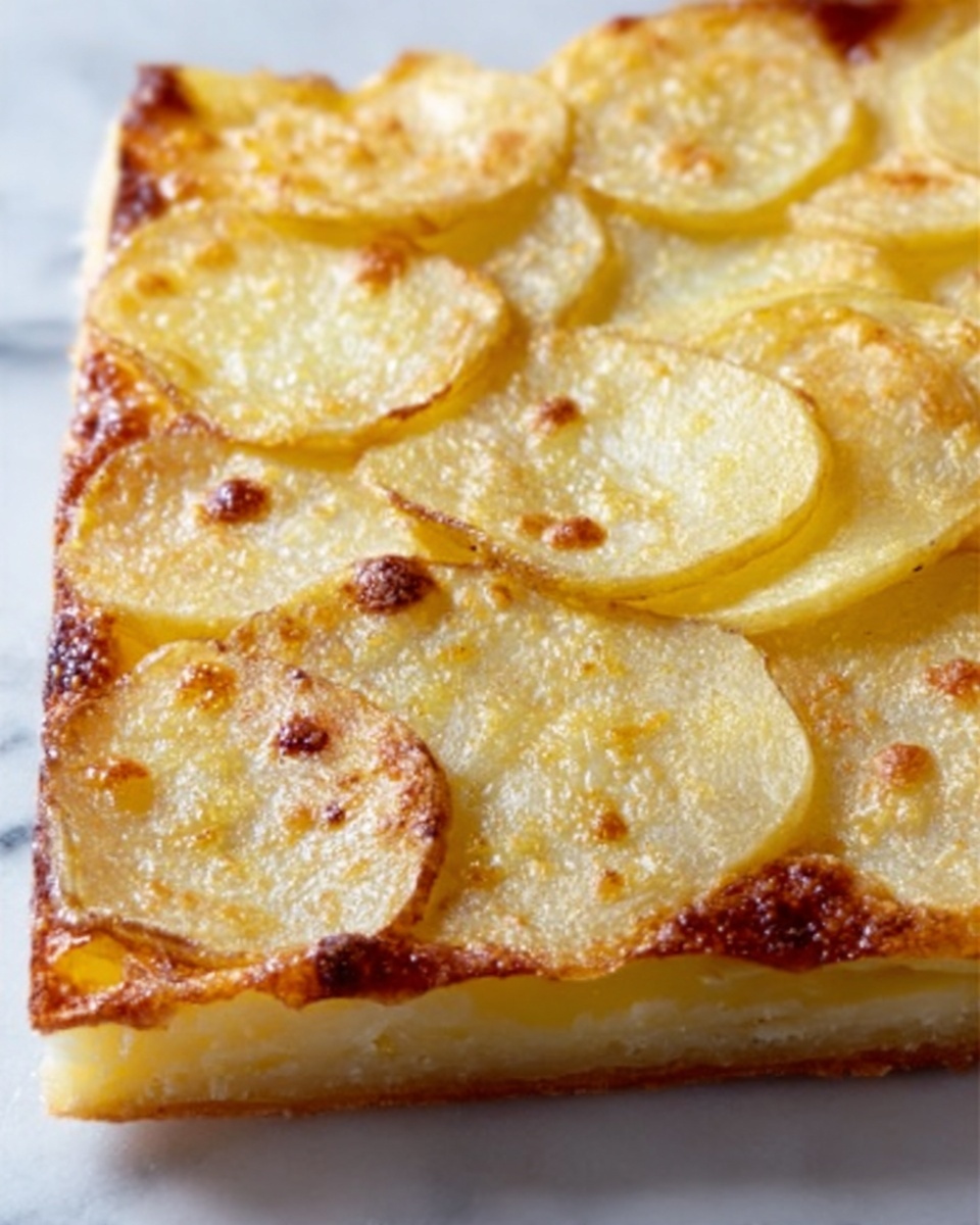 The image shows a close-up view of a cooked potato dish arranged in neat layers on a white rectangular plate. The bottom layer is a thin, golden crispy crust. On top of that, there are multiple thin slices of potatoes forming a single even layer, each slice lightly browned with small golden spots and a soft texture. The potato layer covers the entire surface of the crust, creating a smooth, shiny, and slightly oily look. The background is a white marbled surface. photo taken with an iphone --ar 4:5 --v 7