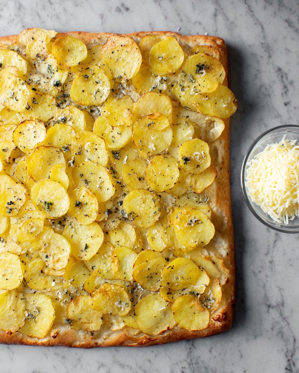 A rectangular pizza with an even layer of thin, yellow potato slices covering the whole top surface. The potatoes are lightly cooked with a touch of herbs and small black pepper spots scattered across. The crust is golden brown, slightly thick and puffy around the edges. Next to the pizza, on a white marbled surface, is a small clear bowl filled with a mound of shredded white cheese. photo taken with an iphone --ar 4:5 --v 7