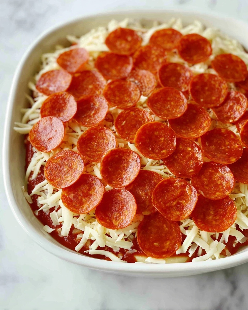 A white dish with layers of pizza ingredients; the bottom layer is a red tomato sauce spread evenly, topped with a layer of shredded white cheese covering the sauce fully, and the top layer is made up of many round, thin, orange-red pepperoni slices spread close together. The dish is placed on a white marbled surface. photo taken with an iphone --ar 4:5 --v 7