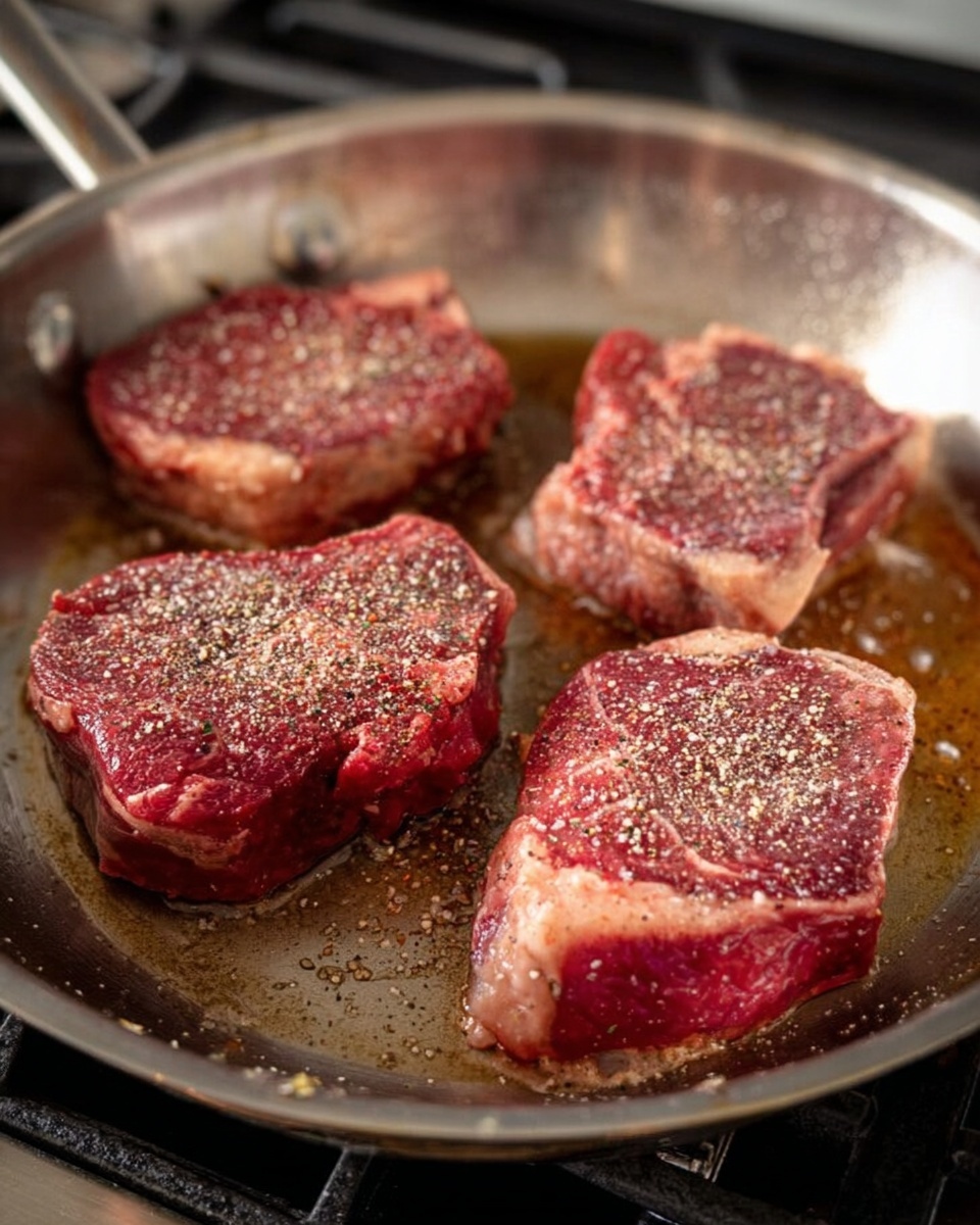 The image shows a silver pan on a stove with four thick raw steaks inside. Each steak is red with white marbling and has a sprinkle of salt and black pepper on top. The steaks are placed evenly in the pan, and the pan has a shiny surface with some light oil and small browned spots around the meat. The background includes the edges of the stove but mostly focuses on the pan and steaks. photo taken with an iphone --ar 4:5 --v 7