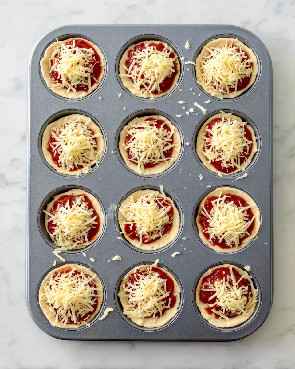 This image shows twelve mini pizzas inside a gray muffin tray placed on a white marbled surface. Each mini pizza has three layers: the bottom layer is a light beige dough rolled into small circle bases; the middle layer is a smooth bright red tomato sauce spread over the dough; the top layer is a generous amount of pale yellow shredded cheese sprinkled evenly over the tomato sauce. The mini pizzas fit snugly inside each round cup of the tray, with some cheese bits falling loosely around the edges. Photo taken with an iphone --ar 4:5 --v 7