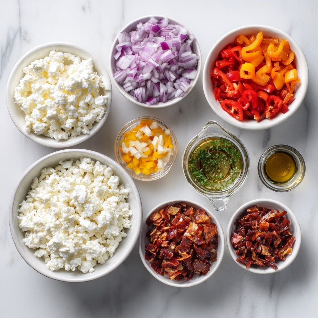 Top-down professional food photography, flat lay style, bright white marble countertop, neatly arranged, evenly spaced, tidy, clean organized layout, include: bowl of crumbled feta cheese, small bowl of finely chopped banana peppers, small bowl of finely chopped red onions, small bowl of finely chopped marinated roasted red peppers, small bowl of finely chopped prepared cured meat pieces, small glass cup of Italian dressing, bright soft natural lighting, sharp focus, high detail textures, realistic reflections, professional DSLR look, 4K, no finished dish, no cooked food, no hands, no text, no watermark, no brand logos