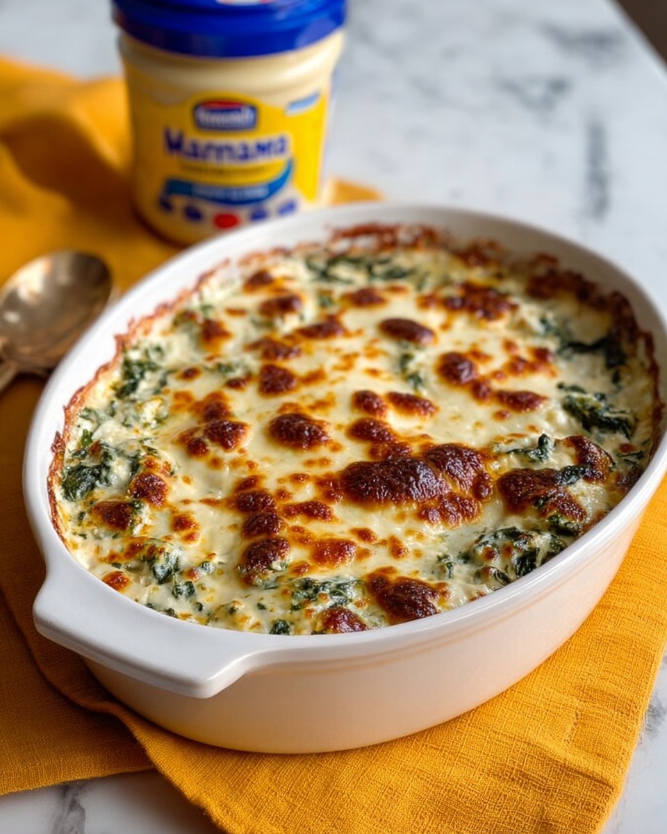 The image shows a white oval baking dish filled with a baked dish that has a golden brown, bubbly top layer of melted cheese with some darker toasted spots. Beneath the browned cheese, the surface shows a mix of white and green, likely from a creamy sauce with herbs or spinach. The dish rests on a yellow cloth over a white marbled surface. Behind the dish, there is a jar of mayonnaise with a blue lid and yellow label. The overall photo is bright and warm. photo taken with an iphone --ar 4:5 --v 7