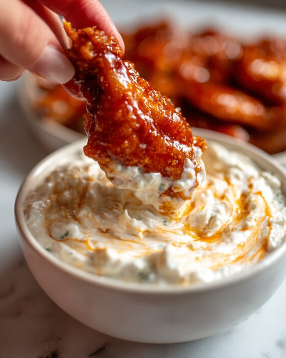 A close-up image shows a woman's hand holding a glossy, reddish-brown chicken wing that is being dipped into a thick, creamy white dipping sauce with orange streaks swirled throughout. The sauce has a lumpy texture and fills a shallow white bowl placed on a white marbled surface. The warm lighting highlights the sticky coating on the chicken wing and the rich texture of the sauce, creating an inviting and tasty look. photo taken with an iphone --ar 4:5 --v 7