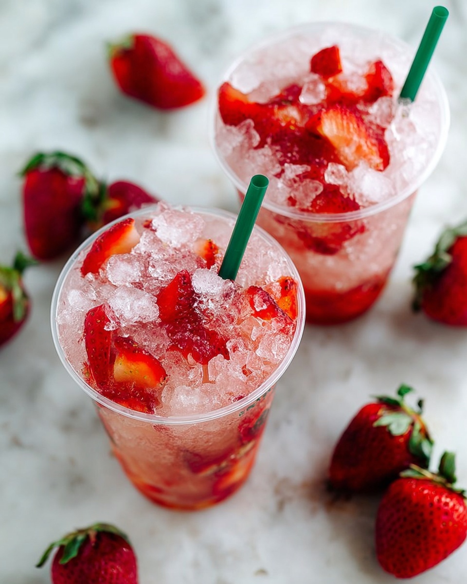 Two clear cups filled with crushed ice and bright red sliced strawberries layered throughout the drink, placed on a white marbled surface. Each cup has a green straw inserted near the edge, with the strawberries visible as small chunks floating just under and on top of the ice. Around the cups are whole fresh strawberries with green leaves still attached, adding a pop of red and green to the scene. The texture of the ice looks cold and wet, and the drink has a light pink tint from the strawberry juice. photo taken with an iphone --ar 4:5 --v 7