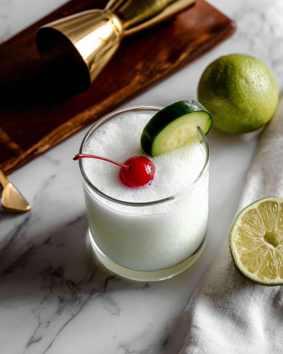 A clear glass filled with a frothy white drink topped with a red cherry near the center. A green cucumber slice is placed on the rim of the glass, slightly angled forward. In the background, a half lime with visible seeds lies on a white marbled surface, along with a golden brass jigger and a piece of dark brown wood. The drink surface shows a smooth, foamy texture with light shadows. Photo taken with an iphone --ar 4:5 --v 7