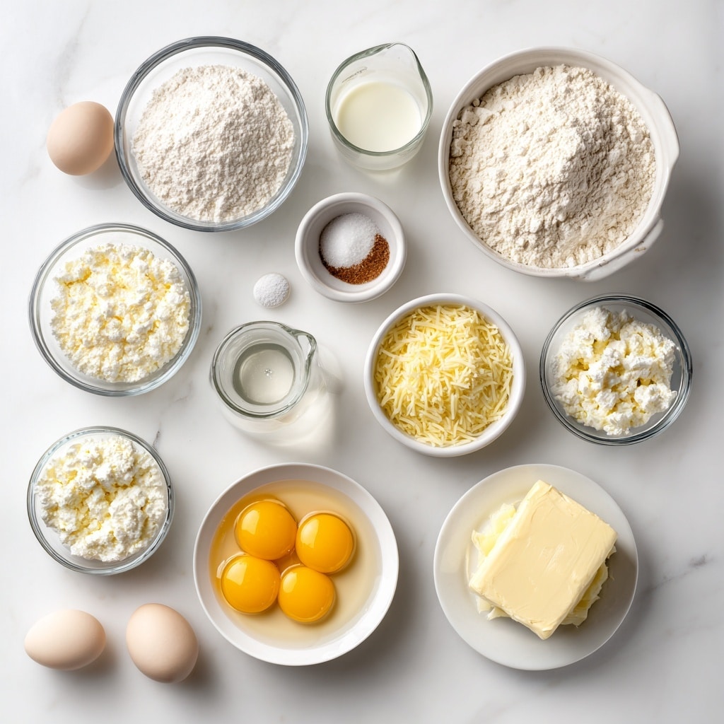 Top-down professional food photography, flat lay style, bright white marble countertop, neatly arranged, evenly spaced, tidy, clean organized layout, include: bowl of all purpose flour, small bowl of granulated sugar, small bowl of active dry yeast, small bowl of kosher salt, glass measuring cup of warm water, glass measuring cup of warm milk, small bottle of vegetable oil, small bowl of shredded mozzarella cheese, small bowl of crumbled feta cheese, small bowl of ricotta cheese, small plate with large egg yolks, small plate with unsalted butter, bright soft natural lighting, sharp focus, high detail textures, realistic reflections, professional DSLR look, 4K, no finished dish, no cooked food, no hands, no text, no watermark, no brand logos