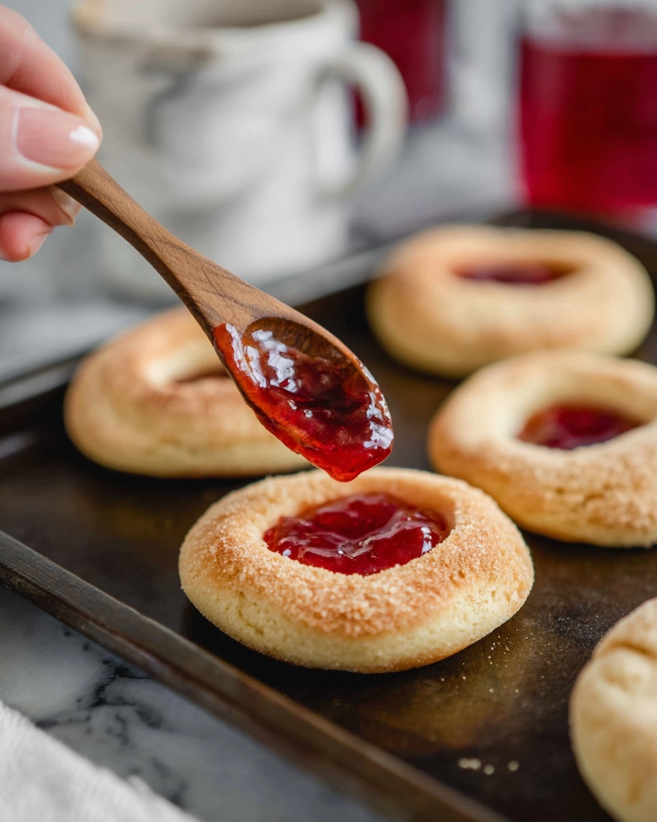 A close-up view of a dark baking tray with at least four round, light brown pastries, each shaped like a ring with a hollow center. A woman's hand holds a small wooden spoon filled with bright red jam, slowly dripping the jam into the hollow center of the closest pastry. The pastries have a slightly rough, baked texture with a golden-brown crust. In the blurred background, a white marbled surface and a white cup with a red drink are partially visible. The scene is softly lit, highlighting the jam's glossy shine and the pastries' warm tones. Photo taken with an iphone --ar 4:5 --v 7