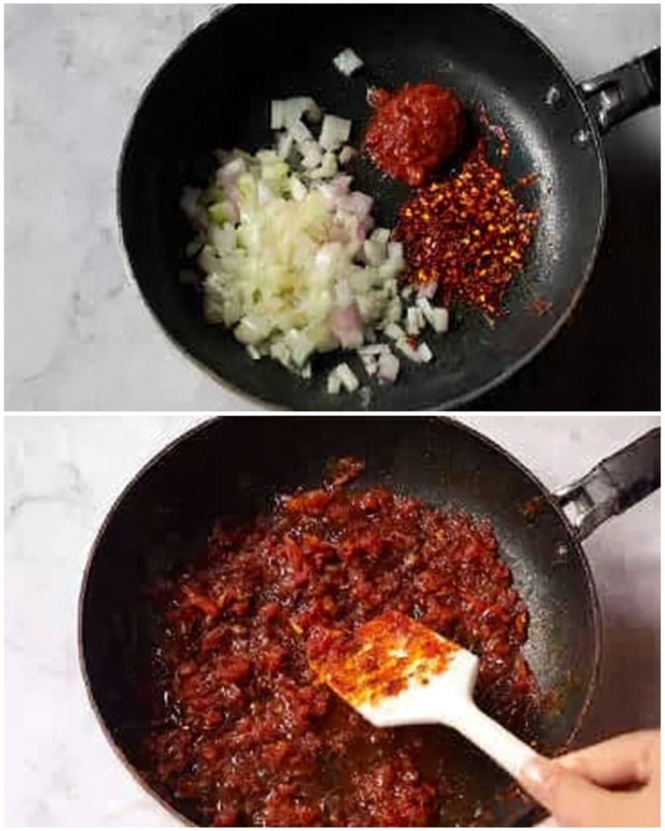 The image shows two steps of cooking in a black pan on a white marbled surface. The top part has raw chopped onions, red chili flakes, and a dollop of red paste, all sitting in the pan before being mixed. The bottom part shows the ingredients after they are mixed and cooked, turning into a darker, thick, red-brown chunky sauce stirred with a white spatula held by a woman's hand. The sauce texture is rough and richly colored, filling the pan more evenly. Photo taken with an iphone --ar 4:5 --v 7