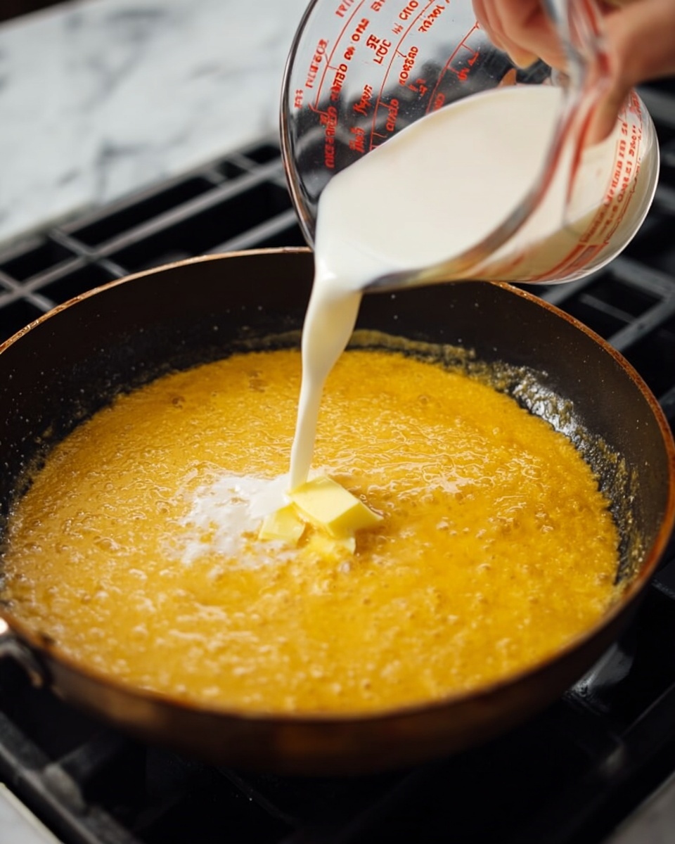 The image shows a dark non-stick pan on a stove with a thick yellow-orange mixture inside. A woman's hand is pouring white liquid from a clear measuring cup with red markings into the mixture. A small chunk of yellow butter is melting in the pan, blending with the mixture. The pan is surrounded by stove grates, and the background is a white marbled surface. Photo taken with an iphone --ar 4:5 --v 7