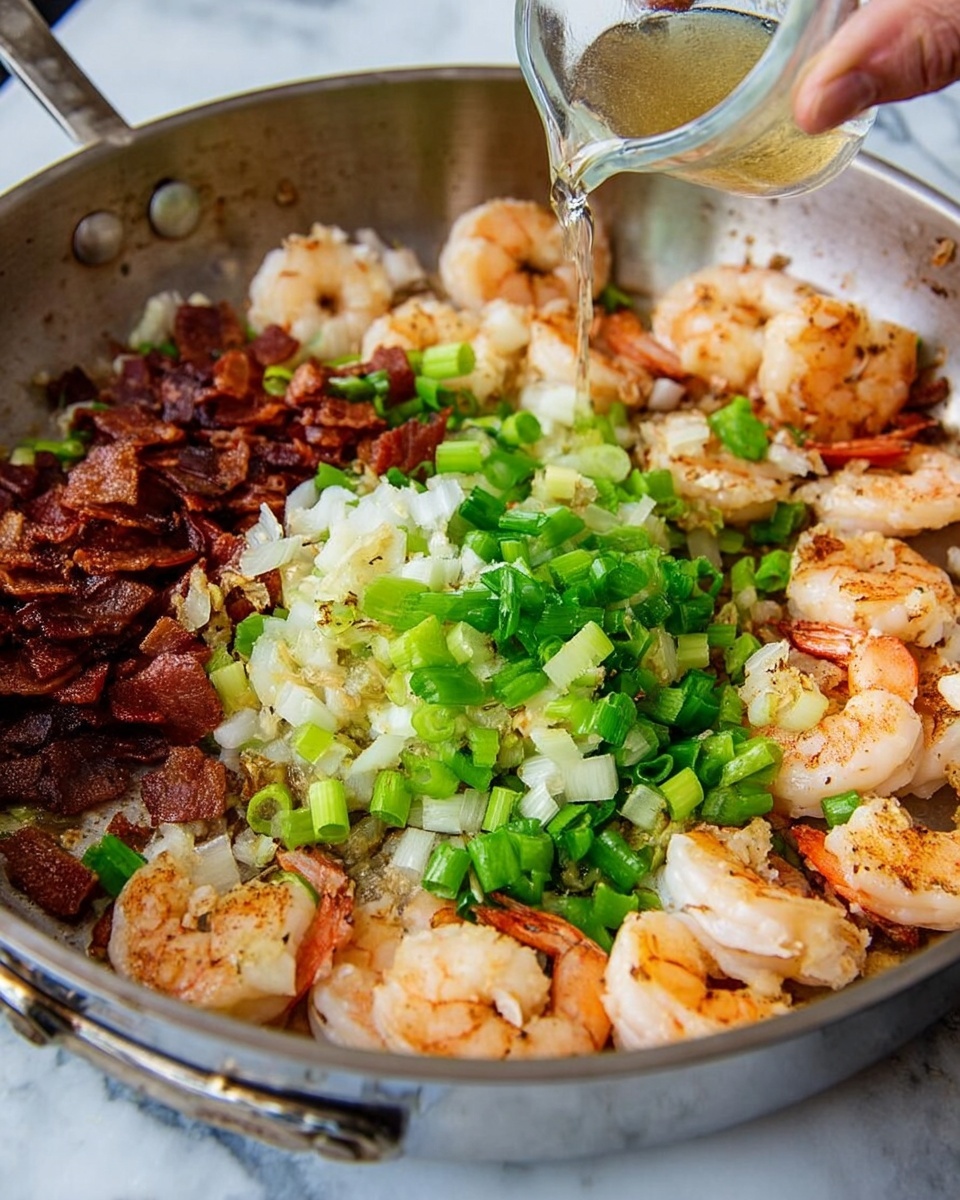 A silver frying pan on a white marbled surface filled with various cooking ingredients. Inside, there are toasted shrimp arranged mostly in the right half, showing a pinkish-orange color with light brown sear marks. In the center are layers of chopped fresh green onions and minced garlic adding vibrant white and green colors. On the left side, there are crisp browned bacon bits with a deep reddish-brown color. A woman's hand is pouring a clear liquid from a small cup onto the shrimp. The image captures the mixture of textures and colors in a close view. photo taken with an iphone --ar 4:5 --v 7