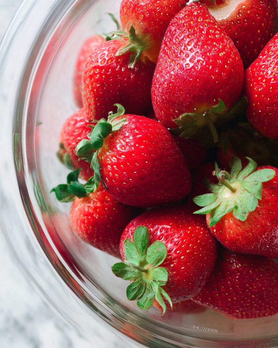 A close-up view of a clear glass bowl filled with bright red strawberries. The strawberries have green leafy tops and a slightly bumpy texture with visible seeds. The bowl is seen from the side, showing many strawberries piled on top of each other. The background is a white marbled texture. photo taken with an iphone --ar 4:5 --v 7