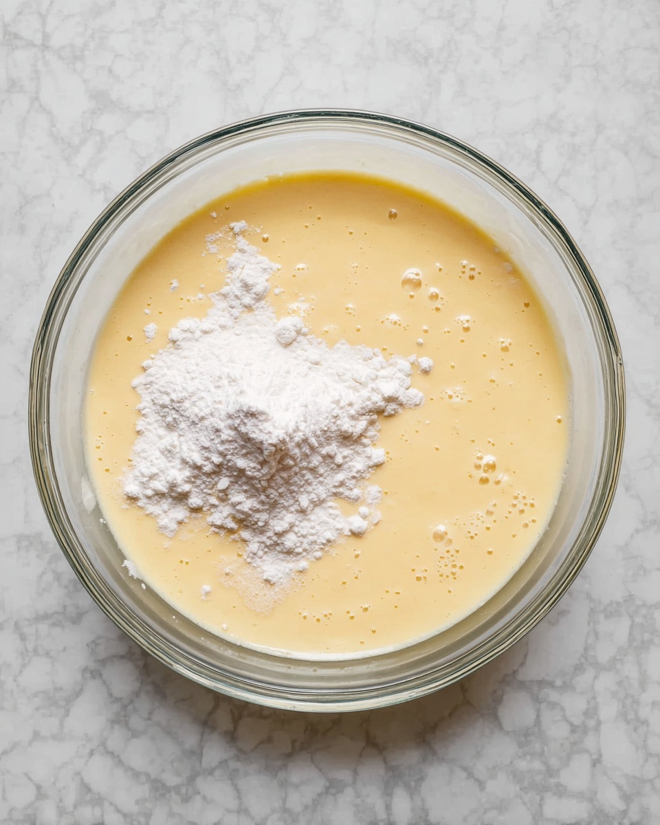 A clear glass bowl sits on a white marbled surface, containing a smooth, pale yellow batter filling most of the bowl. There are two small heaps of white flour sitting unmixed on top of the batter, one on the left side and the other on the right side. The batter has a creamy texture with tiny bubbles on its surface. Photo taken with an iphone --ar 4:5 --v 7