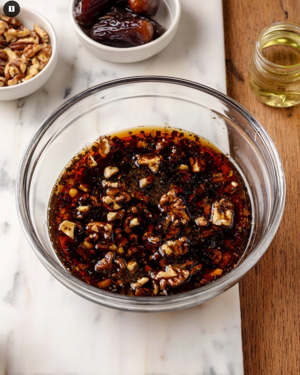 A clear glass bowl sits on a white marbled surface, filled with a dark brown liquid that holds small chopped pieces of nuts and some thinly sliced ingredients floating throughout. The mix looks wet and glossy, with layers mostly blending, showing a rich sauce texture. Nearby, small white dishes with dates and nuts are partially visible. Photo taken with an iphone --ar 4:5 --v 7