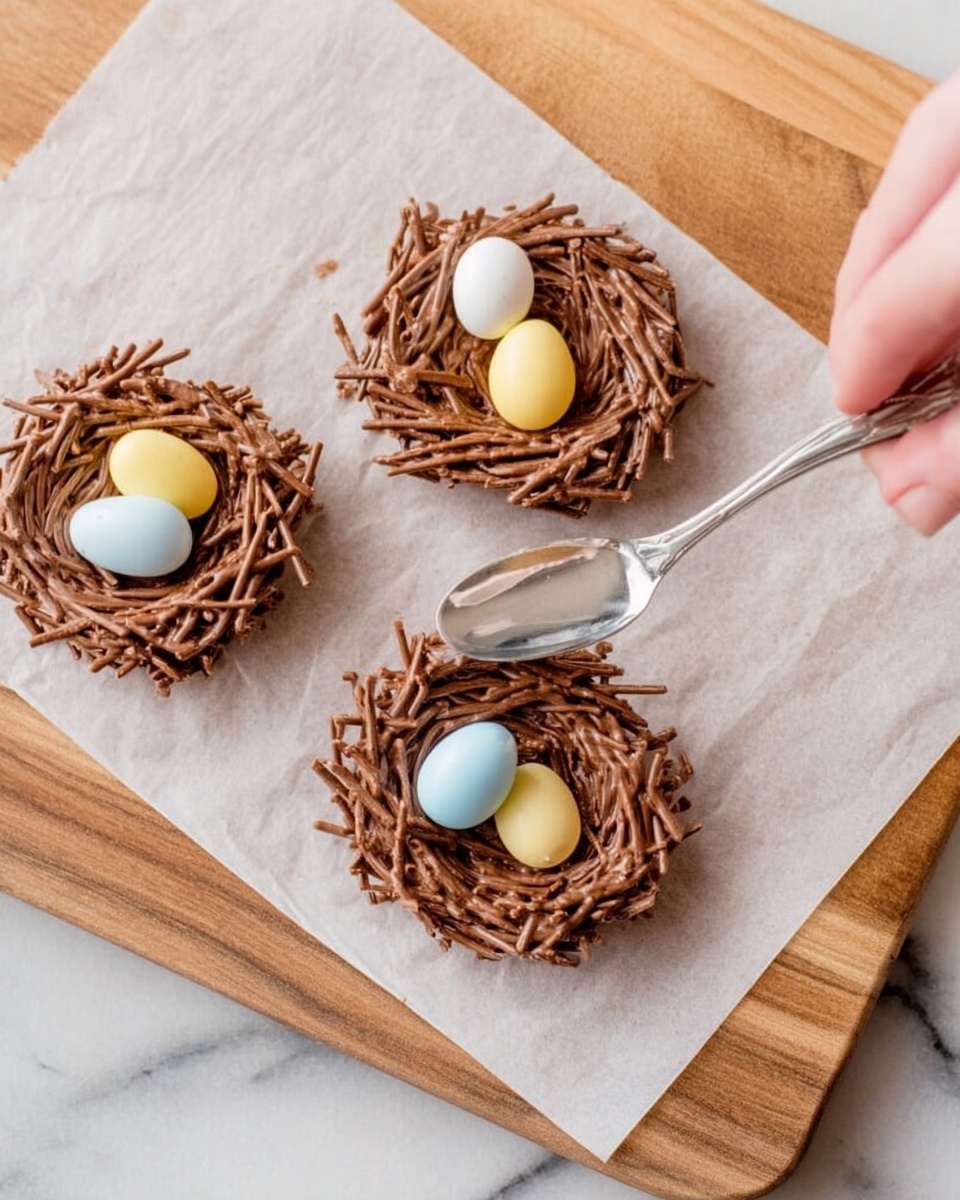 The image shows three small chocolate nests made from thin, brown, stick-like strands arranged in circular shapes on white parchment paper over a wooden board and white marbled surface. Each nest has a rough, twiggy texture with small gaps between the strands. Two of the nests have three pastel-colored egg-shaped candies on top, with soft yellow, blue, and white colors. A woman's hand is holding a silver spoon near the bottom right side, close to one of the nests. The overall light is bright and natural, highlighting the shiny and textured chocolate strands. Photo taken with an iphone --ar 4:5 --v 7