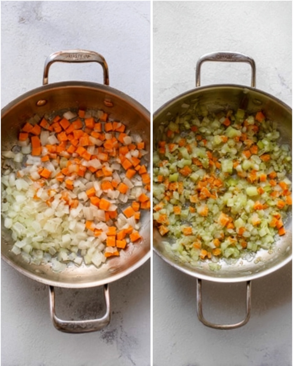 The image shows two silver pans on a white marbled surface. The left pan has a layer of small white onion pieces mixed with orange carrot pieces and light green celery pieces spread evenly across the bottom. The right pan contains the same ingredients, but now the pieces are cooked and softer in texture, showing a more mixed and blended look with the colors of orange, white, and light green spread together evenly in one layer. Photo taken with an iphone --ar 4:5 --v 7