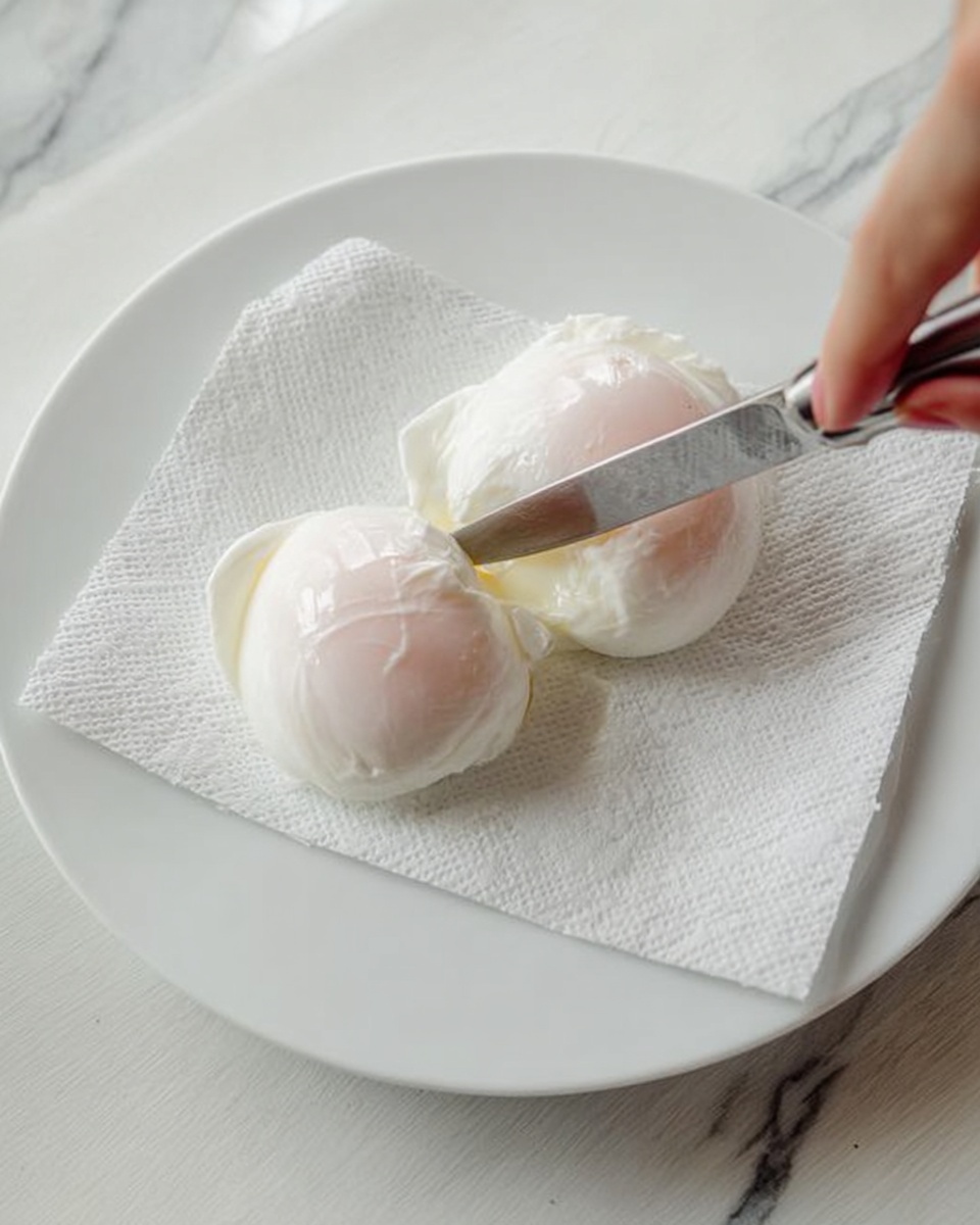 A white plate with a white paper towel on top holds two soft poached eggs with smooth white outer layers and slightly pink, round tops. A woman's hand is holding a knife, cutting into one of the eggs gently, showing the delicate texture of the egg white. The background is a white marbled surface. photo taken with an iphone --ar 4:5 --v 7