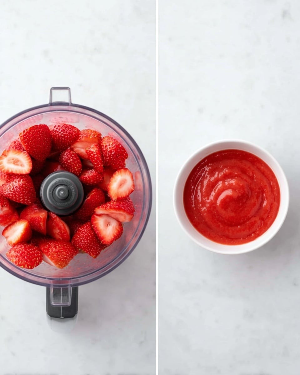 The image shows a clear food processor bowl filled with several whole and halved strawberries, which are bright red with a fresh texture. The bowl is placed on a white marbled surface. Next to the food processor is a small white bowl containing smooth, bright red strawberry sauce with a glossy finish. The sauce fills most of the small bowl and looks thick. The scene is minimal and clean with a fresh feel. Photo taken with an iphone --ar 4:5 --v 7