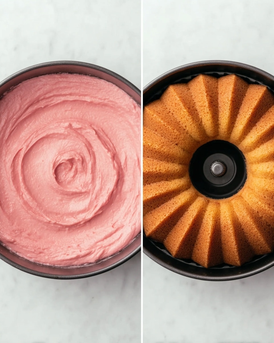 The image shows a side-by-side comparison of a bundt cake pan on a white marbled surface. On the left, the pan is filled with smooth pink batter, evenly spread with soft swirls and a shiny, moist texture. On the right, the same pan holds the baked cake, which is golden-brown with a slightly rough and textured surface, showing clear ridges from the bundt shape. The pan is black and round with a hollow center, and the white marbled surface underneath contrasts softly with both the raw batter and the baked cake photo taken with an iphone --ar 4:5 --v 7