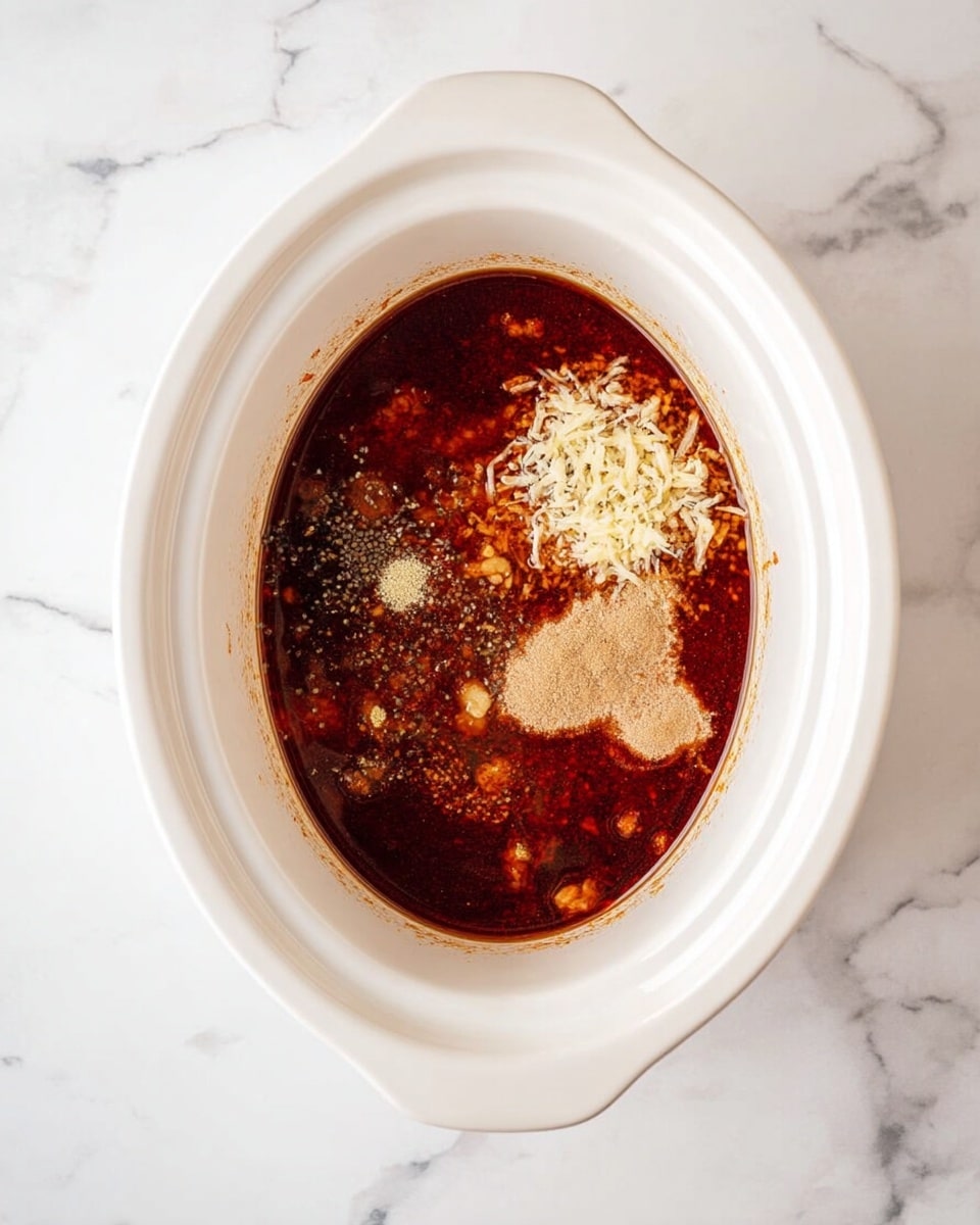 A white oval crockpot filled with a dark reddish-brown liquid as the base layer, visible spices including light beige powders scattered on the surface, and a clump of shredded pale beige ingredients resting on one side. The liquid has a shiny, oily texture with some darker patches floating around. The crockpot is set on a white marbled surface. photo taken with an iphone --ar 4:5 --v 7