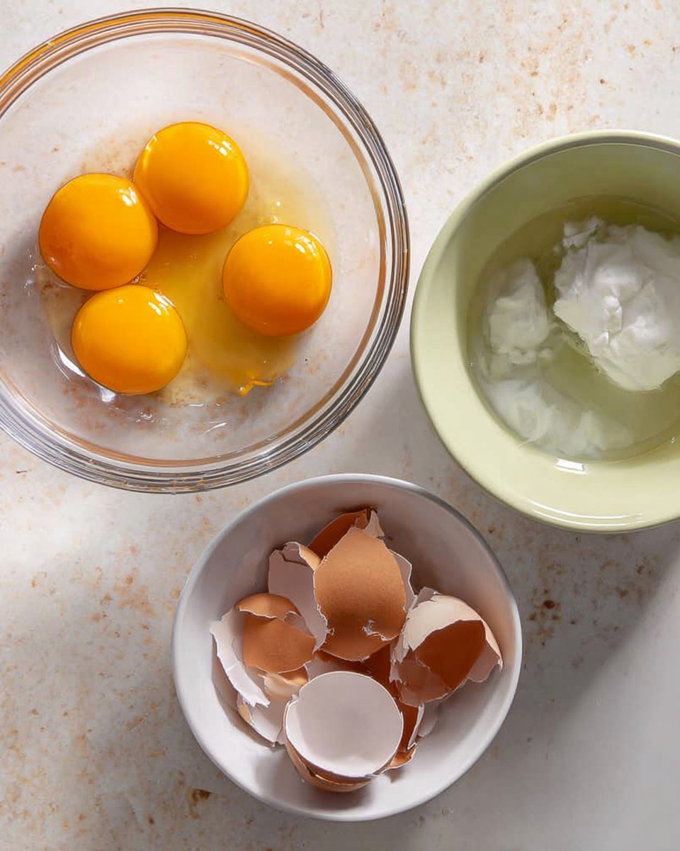 The image shows three clear glass and white bowls on a white marbled surface. One bowl holds six bright orange egg yolks with smooth textures, another bowl contains clear egg whites, and the last white bowl is filled with broken brown eggshells. The bowls are evenly spaced, and the scene is lit with soft natural light, highlighting the glossy textures of the egg yolks and whites. Photo taken with an iphone --ar 4:5 --v 7