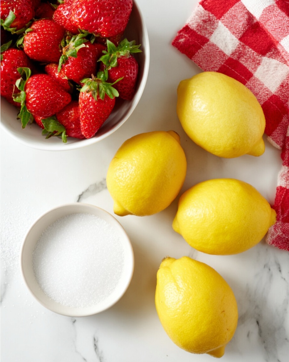 The image shows a flat lay of fresh ingredients arranged on a white marbled surface. On the left side, there is a white bowl filled with bright red strawberries with green leaves. Near the center and right side, four whole yellow lemons with smooth texture are placed in a loose cluster. Below the strawberries and lemons, a small white bowl is filled with fine white sugar. A red and white checkered cloth is partly visible at the top right corner, adding a touch of color and pattern. Photo taken with an iphone --ar 4:5 --v 7