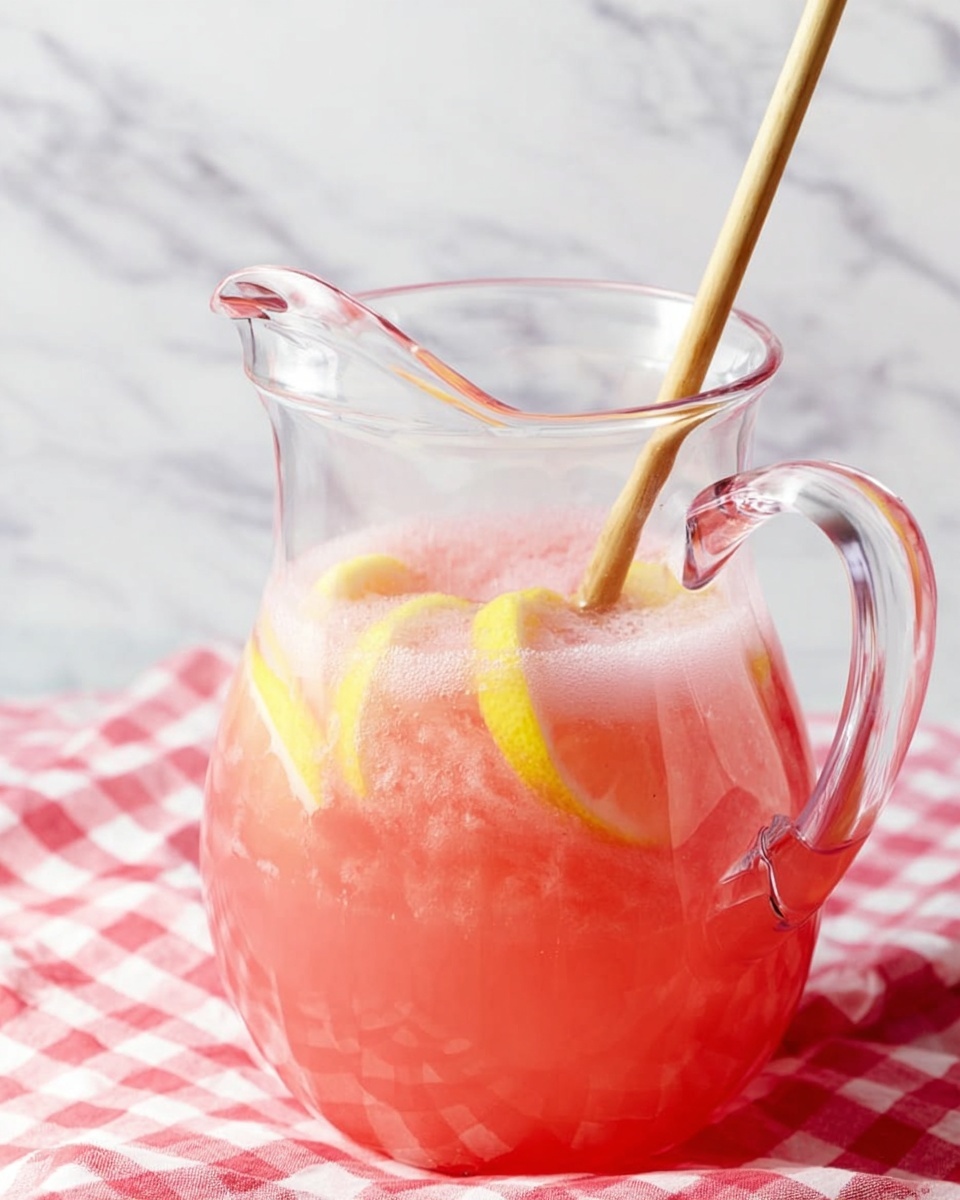 A clear glass pitcher filled with a pink, frothy liquid that looks like juice or a drink, with three visible yellow lemon slices floating near the top layer. A wooden stirring stick is placed inside the pitcher, partially immersed in the liquid. The pitcher sits on a red and white checkered cloth, and the background features a white marbled texture. The top edge of the pitcher has a distinct curved spout. photo taken with an iphone --ar 4:5 --v 7