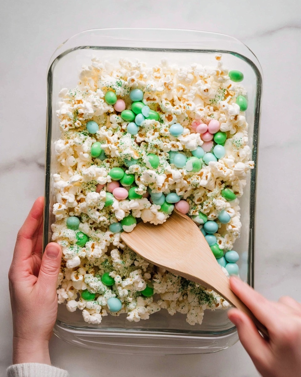 A clear glass rectangular dish filled with a layer of white popcorn mixed with green and light blue round candies, along with a few pink circular candy pieces. The popcorn looks fluffy and light, sprinkled lightly with green seasoning or colored sugar, giving a speckled effect. A woman's left hand is holding the dish steady from the top left corner, while a woman's right hand stirs the popcorn and candy mixture with a light wooden spoon from the bottom right. The background surface is white marble. Photo taken with an iphone --ar 4:5 --v 7