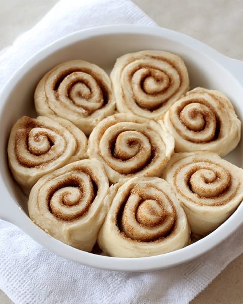 The image shows a white round ceramic dish filled with nine cinnamon roll dough pieces arranged in a circle. Each roll has a light beige dough color with swirled layers of brown cinnamon sugar inside, creating a spiral pattern. The dough looks soft and slightly puffy, with the rolls closely touching each other. The dish is placed on a white napkin over a white marbled surface. The photo is bright and clear, showing the smooth texture of the dough and the granules of cinnamon sugar inside the spirals. photo taken with an iphone --ar 4:5 --v 7