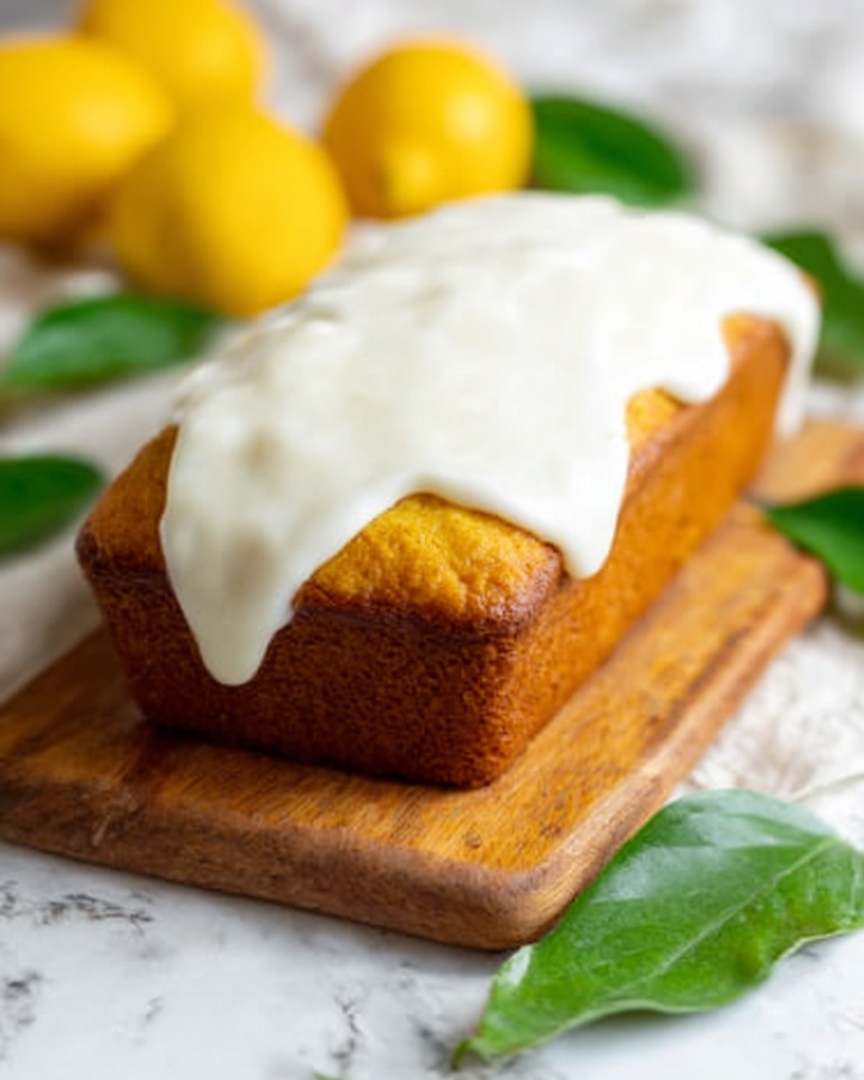 A small rectangular loaf cake with a golden brown crust sits on a wooden board. The top of the cake is covered with a thick layer of smooth white icing that softly flows down the sides. Around the cake, there are green leaves and blurred yellow lemons in the background. The surface under the board is a white marbled texture. Photo taken with an iphone --ar 4:5 --v 7