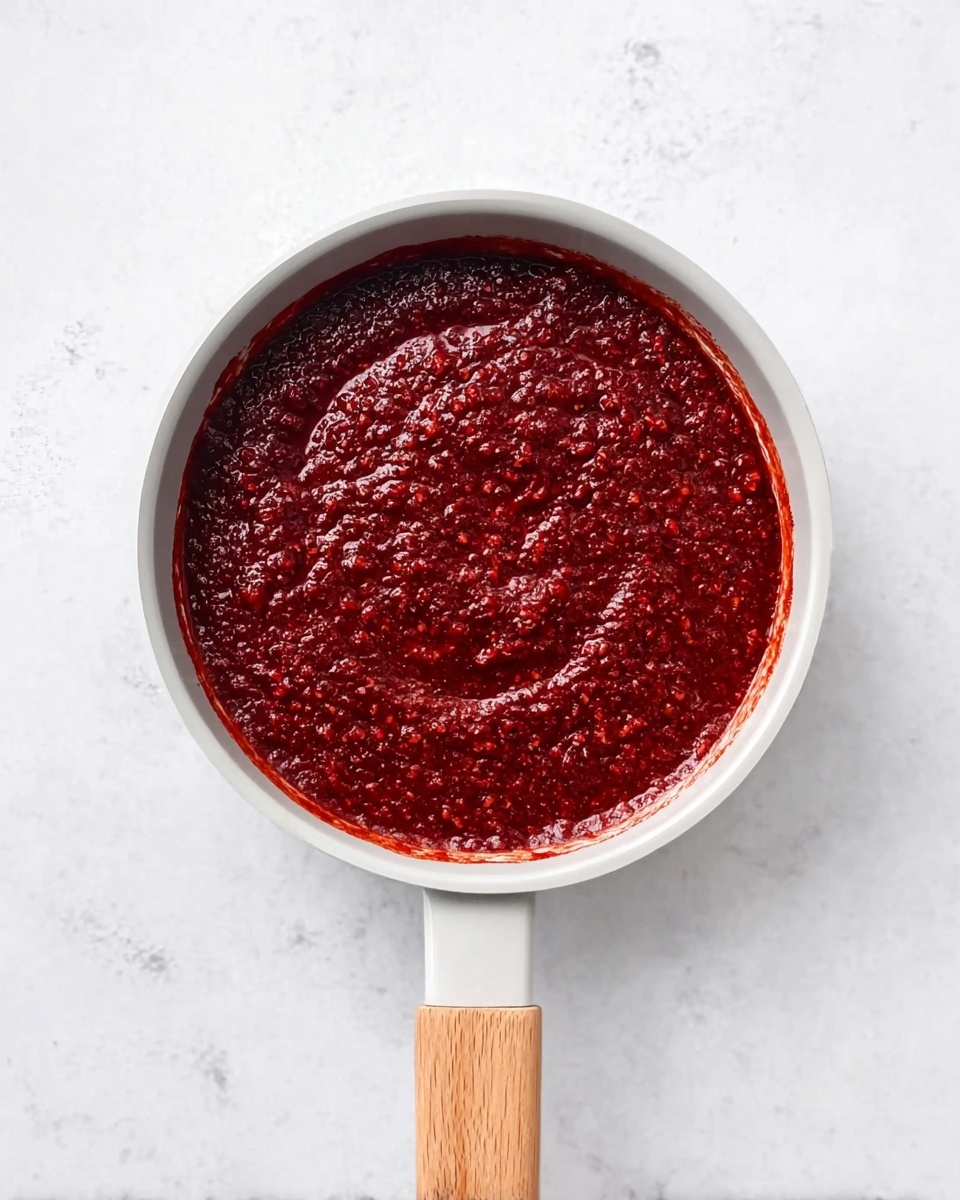 A small white pan with a light wooden handle holds a thick, deep red sauce that has a textured, slightly chunky surface; the sauce fills the pan almost to the edge, showing rich, glossy patches and small bits inside, all set against a white marbled texture background photo taken with an iphone --ar 4:5 --v 7