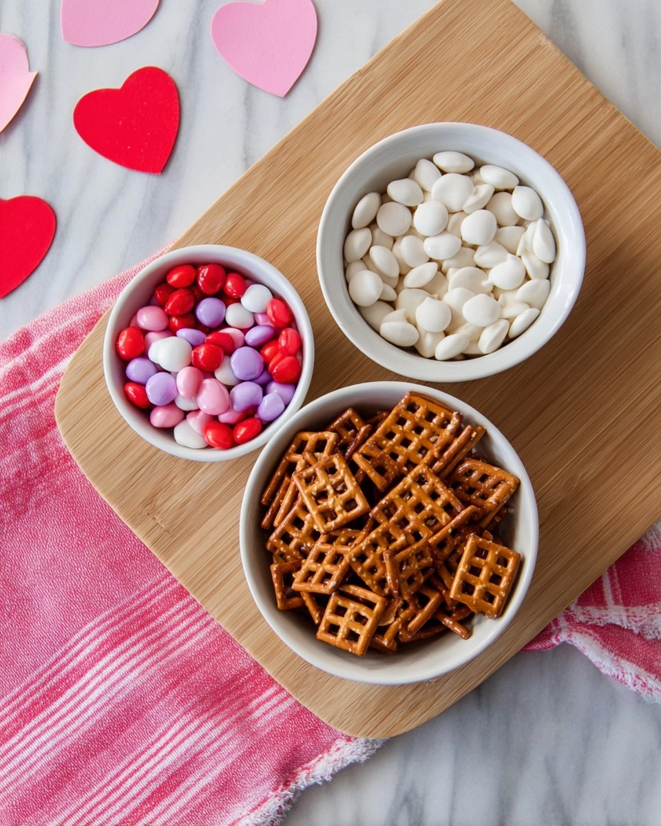 The image shows three white bowls placed on a wooden board with a pink-striped cloth underneath the largest bowl. The largest bowl at the bottom right holds light to medium brown square pretzels with holes and a slightly shiny texture. Above it, a medium-sized bowl is filled with smooth, round, white candy melts. To the left, a small bowl contains small, shiny, round candy pieces mostly in shades of red, pink, white, and purple. The background features white marbled texture with pink and red paper heart shapes nearby. Photo taken with an iphone --ar 4:5 --v 7