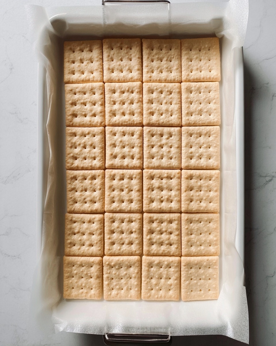 A rectangular white baking tray lined with white parchment paper neatly filled with evenly spaced square beige crackers arranged in a grid pattern, with a total of eight rows and eight columns, each cracker having small holes on the surface and a slightly rough texture, all resting on a white marbled surface. photo taken with an iphone --ar 4:5 --v 7
