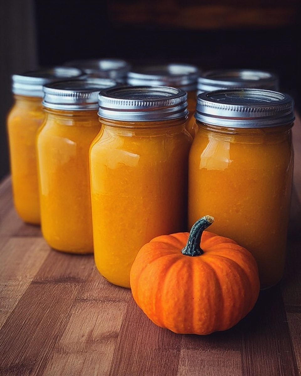 The image shows three glass jars filled with bright orange sauce. The closest jar is large and clear, showing the smooth, thick texture of the sauce inside. Behind it, two slightly smaller jars also hold the same orange sauce but are somewhat blurred. The jars have silver metal lids that shine softly. At the front left corner, an orange tomato rests on a wooden surface. The background is a white marbled texture. photo taken with an iphone --ar 4:5 --v 7