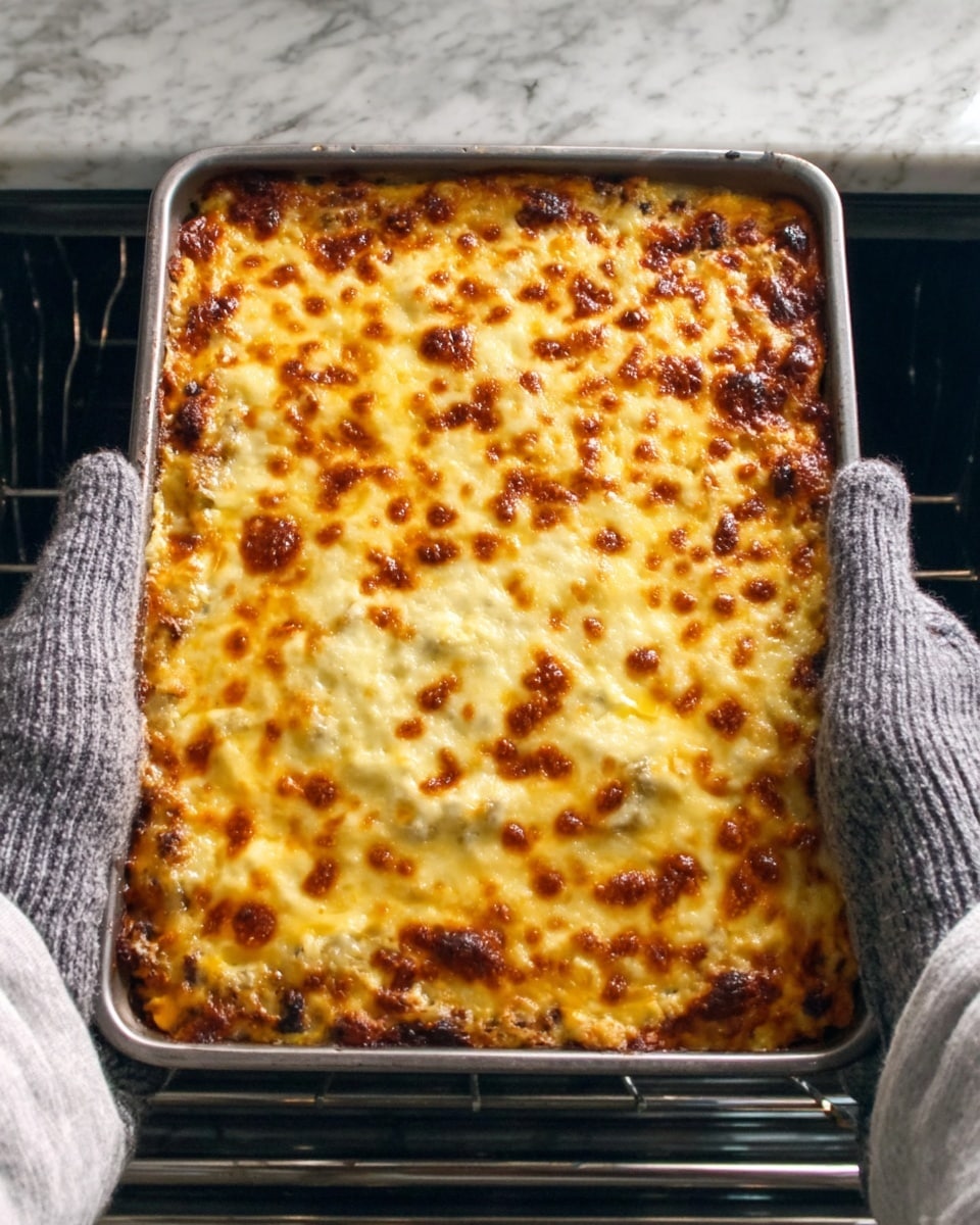 A large rectangular metal baking pan filled with a baked casserole that has a bubbly, golden-brown cheese layer on top. The cheese is melted evenly with some darker spots showing a crispy texture. The casserole underneath is not visible but the top cheese layer covers the whole surface smoothly. Two gray oven mitts are holding the pan from both sides, one on each side, emerging from the bottom corners of the image. The background shows a white marbled surface inside the oven. Photo taken with an iphone --ar 4:5 --v 7