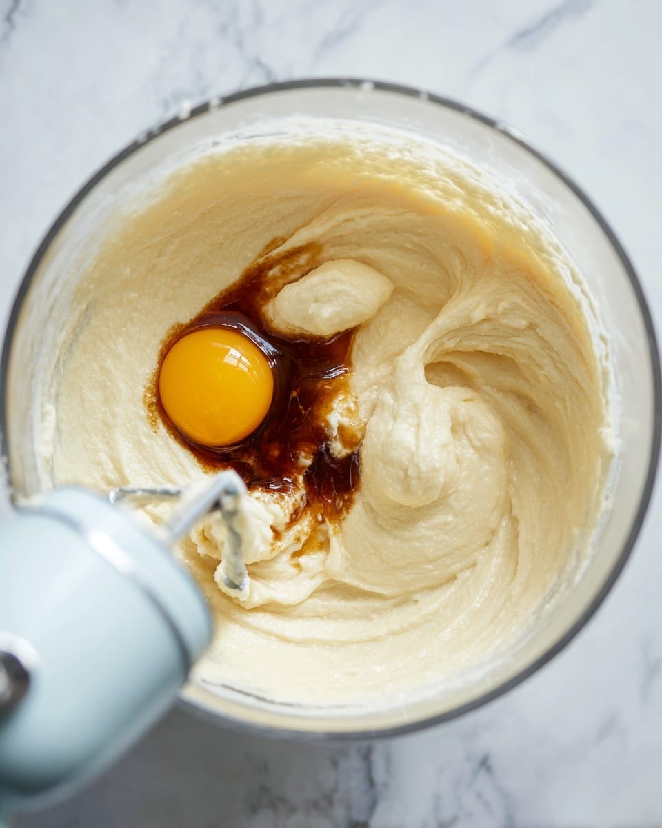 The image shows a close-up view inside a clear mixing bowl of a kitchen mixer with soft, creamy batter in light beige color filling most of the bowl. On one side, a raw egg yolk with bright yellow color rests on the batter, and near it, there is a patch of vanilla extract with dark brown color blending gently into the mixture. The texture of the batter looks smooth and fluffy, surrounding the mixer paddle in the center. The background is a white marbled texture. Photo taken with an iphone --ar 4:5 --v 7
