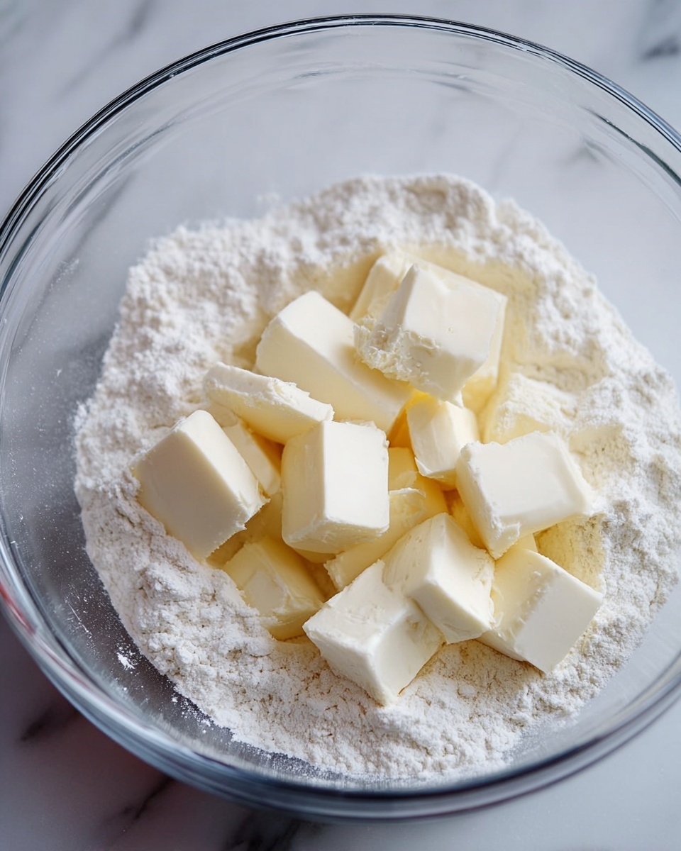 A clear glass bowl contains a mixture of white flour and white soft chunks of butter. The butter pieces are uneven but blocky and spread out over the flour layer at the bottom of the bowl. The flour is powdery and covers the entire inside of the bowl, creating a light, powdery texture beneath the butter. The scene is set on a white marbled surface with soft light highlighting the textures inside the bowl photo taken with an iphone --ar 4:5 --v 7