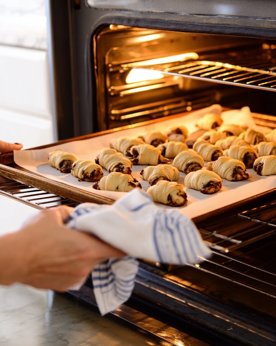 A close-up image shows two oven racks filled with small crescent roll pastries, each layered with a golden brown crust and visible dark filling inside. The pastries are placed on white parchment paper on metal baking sheets. A woman’s hands, holding a white and blue striped cloth, are sliding a baking sheet into a stainless steel oven. The warm light inside the oven highlights the crisp texture of the pastries and the shiny metal racks. The background is a clean white marbled texture. photo taken with an iphone --ar 4:5 --v 7