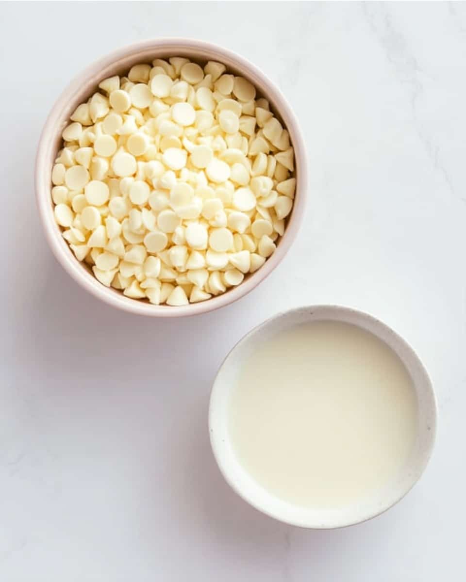 The image shows two white bowls on a white marbled surface. The larger bowl at the top is filled with many small, shiny white chocolate chips, creating a soft yellowish-white texture. Below it, the smaller bowl contains a smooth, creamy white liquid, nearly full and reflecting light softly. Both bowls have a simple, clean look and are set apart with enough space around them. Photo taken with an iphone --ar 4:5 --v 7