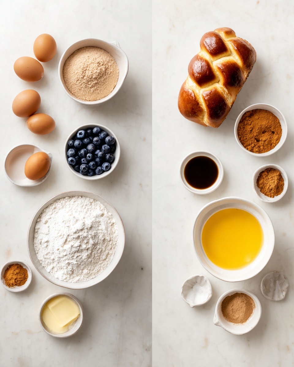 The image shows two white bowls on a white marbled surface, each containing different baking ingredients. On the left side, a white bowl holds a light brown powder, surrounded by brown eggs in a small white bowl, a piece of braided bread with a golden crust, a small bowl of dark liquid, a small bowl of blue blueberries, a small bowl of light brown powder, and a small bowl of warm brown spice. On the right side, a medium white bowl contains white flour, with a small white bowl of bright yellow melted butter, a small white bowl of warm brown spice, and an empty white bowl nearby. The setup is neatly arranged and evenly spaced, ready for mixing. Photo taken with an iphone --ar 4:5 --v 7