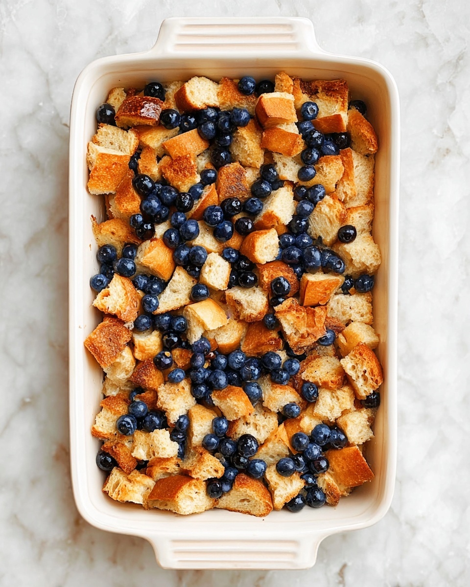 A white rectangular baking dish filled with a single layer of torn pieces of soft bread in shades of light tan and golden brown, mixed evenly with scattered dark blue blueberries on top. The dish is placed on a white marbled surface. Photo taken with an iphone --ar 4:5 --v 7