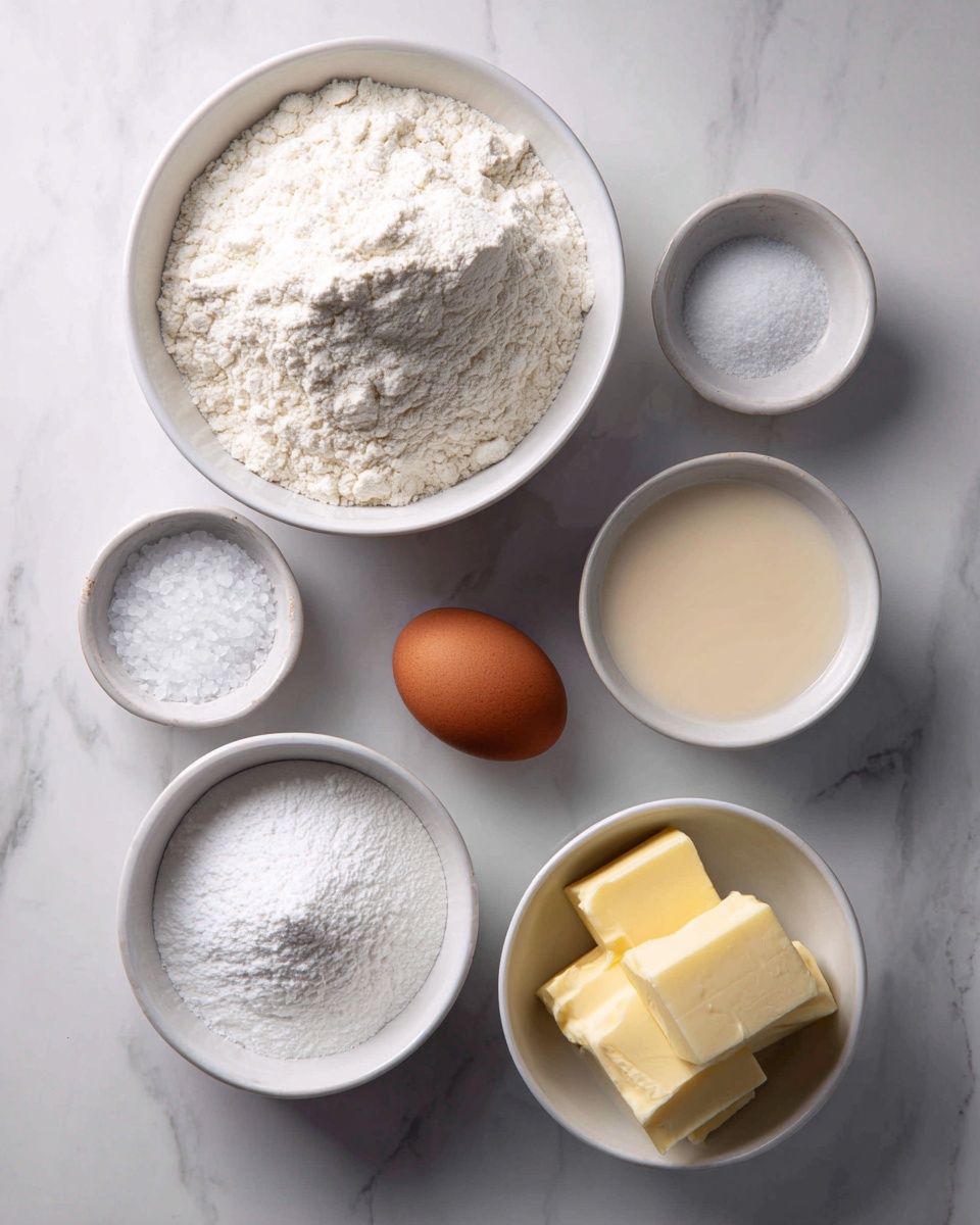 The image shows six small white bowls arranged on a white marbled surface, each containing a different baking ingredient. At the top is a bowl full of white flour with a soft, powdery texture. Below it to the left, a smaller bowl holds coarse white salt. To the right, a bowl contains a liquid mixture with a creamy, pale beige color and a smooth texture. Further down, a small bowl has white baking powder with a fine powdery texture. Next to it on the right is a bowl with a single brown egg, smooth and oval-shaped. At the bottom, a bowl contains two yellow butter cubes with a solid, creamy texture. The photo taken with an iphone --ar 4:5 --v 7