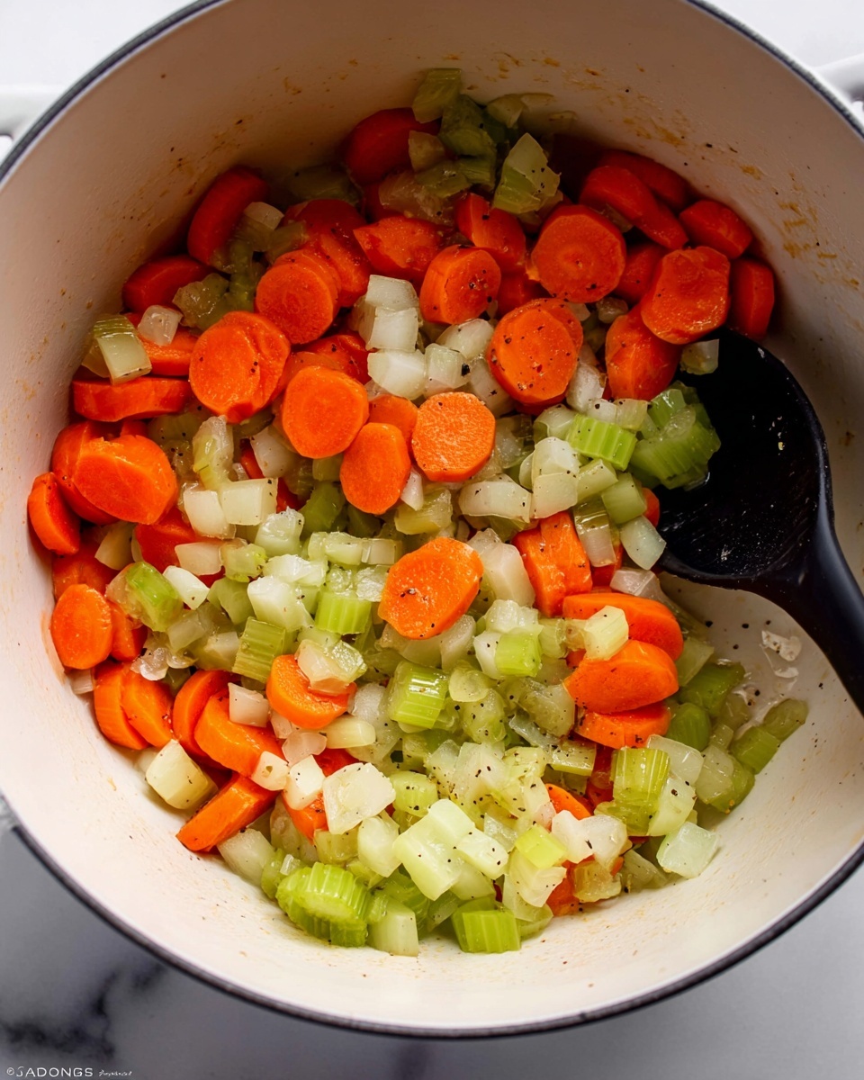 Inside a white pot, there are three layers visible: thin round slices of bright orange carrots, curved pieces of light green celery, and small diced pieces of white onion mixed together. These vegetables have a slightly cooked look with a soft texture, and some parts have small black pepper specks on them. A black spoon is partially submerged in the mix on the right side of the pot. The pot is set on a white marbled surface. Photo taken with an iphone --ar 4:5 --v 7