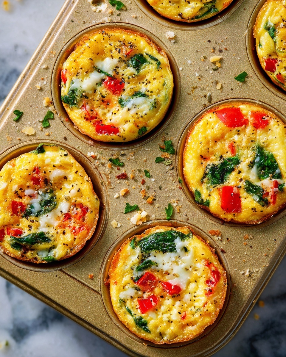 This image shows a close-up view of a golden muffin tin filled with six mini egg muffins. Each muffin has a base layer of fluffy, light yellow cooked eggs, speckled with bright green spinach leaves, rich red tomato pieces, and white melted cheese on top. The edges of the muffins have a slightly crispy golden texture. The egg muffins are placed in a gold-colored muffin tray with small bits of cheese and herbs scattered around the tray. The background is a white marbled texture. photo taken with an iphone --ar 4:5 --v 7