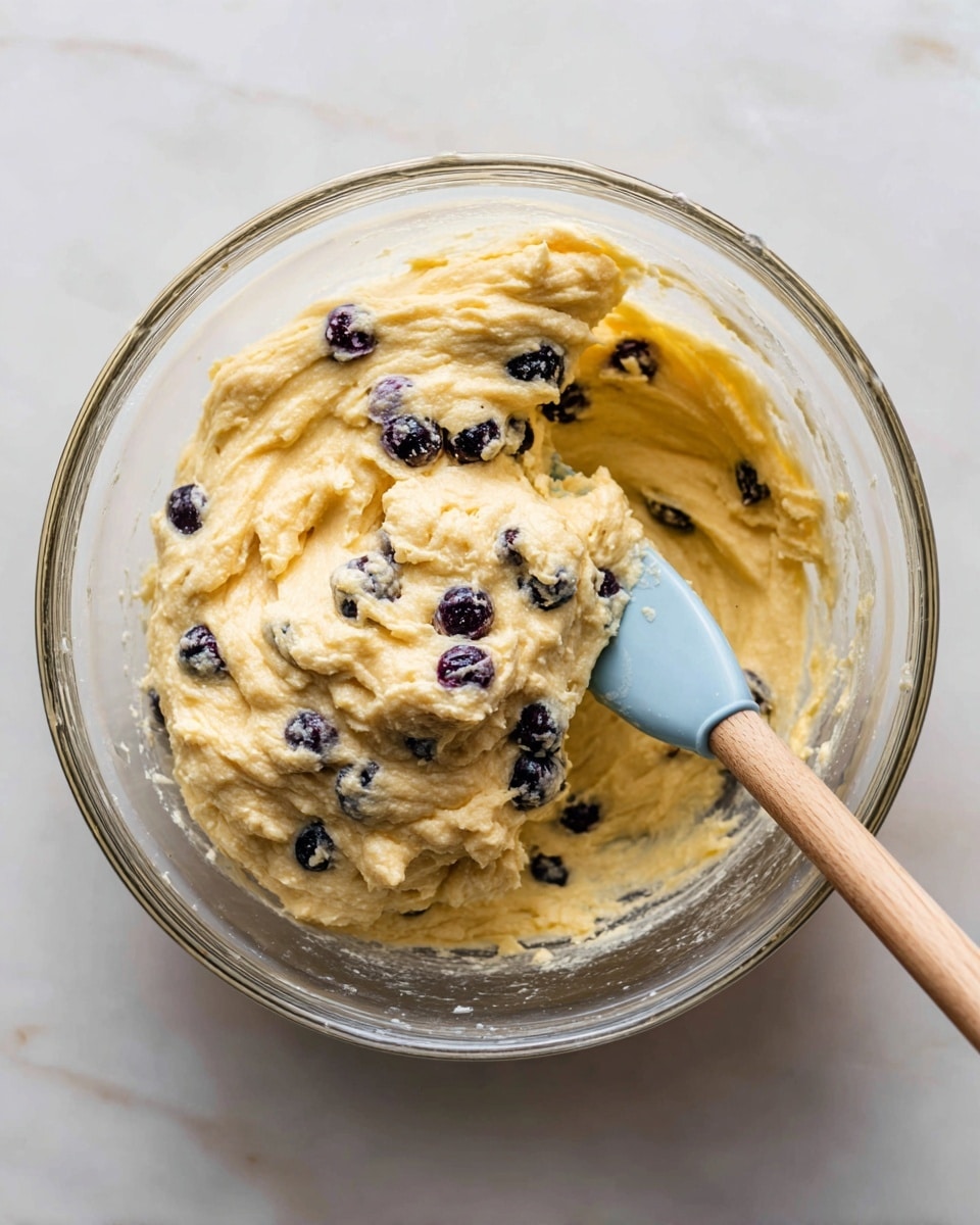A clear glass bowl holds thick, pale yellow batter mixed with dark blueberries scattered evenly throughout. A light blue spatula with a wooden handle is partially submerged on the right side, lifting some of the batter, showing its creamy and smooth texture. The bowl sits on a white marbled surface that adds a clean, bright background to the image. The batter looks soft and slightly chunky where the blueberries are embedded. Photo taken with an iphone --ar 4:5 --v 7